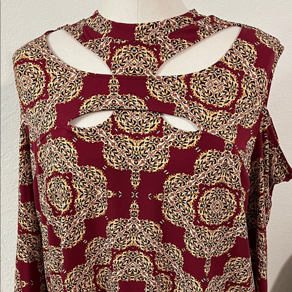Bold Elements Burgundy And Gold Patterned Blouse - image 1